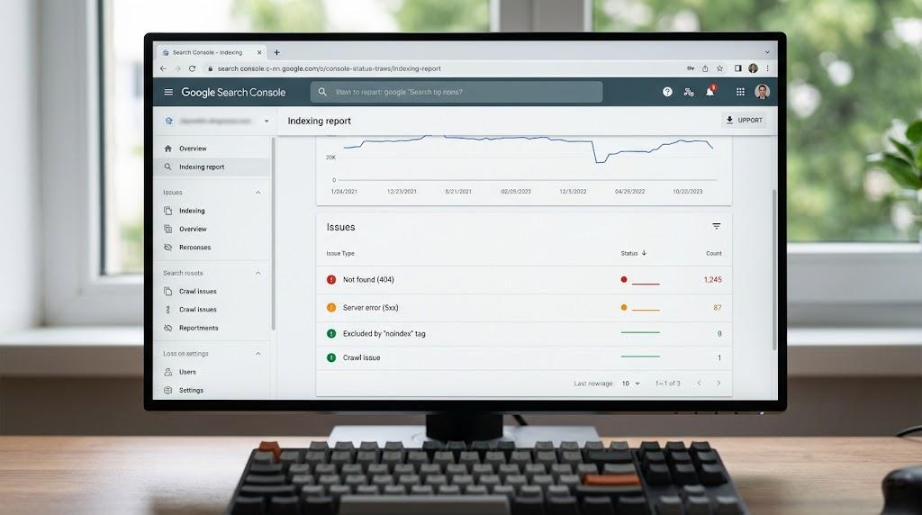 HTTP durum kodları rehberini yansıtan, 404 ve 5xx hata satırlarının listelendiği Search Console indeksleme raporu ekranı