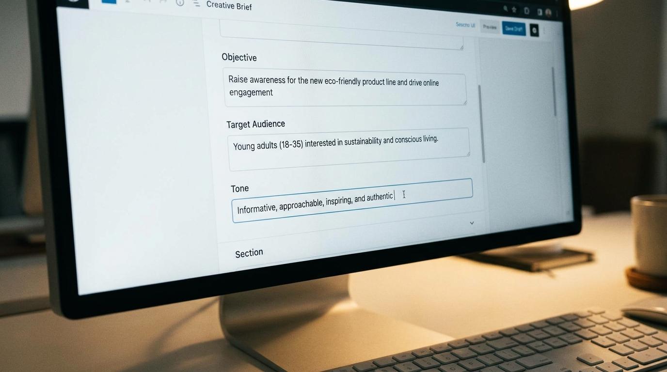 Yaratıcı brief nasıl yazılır sorusunu yansıtan, hedef ve hedef kitle alanları dolu dijital brief formu ekranı