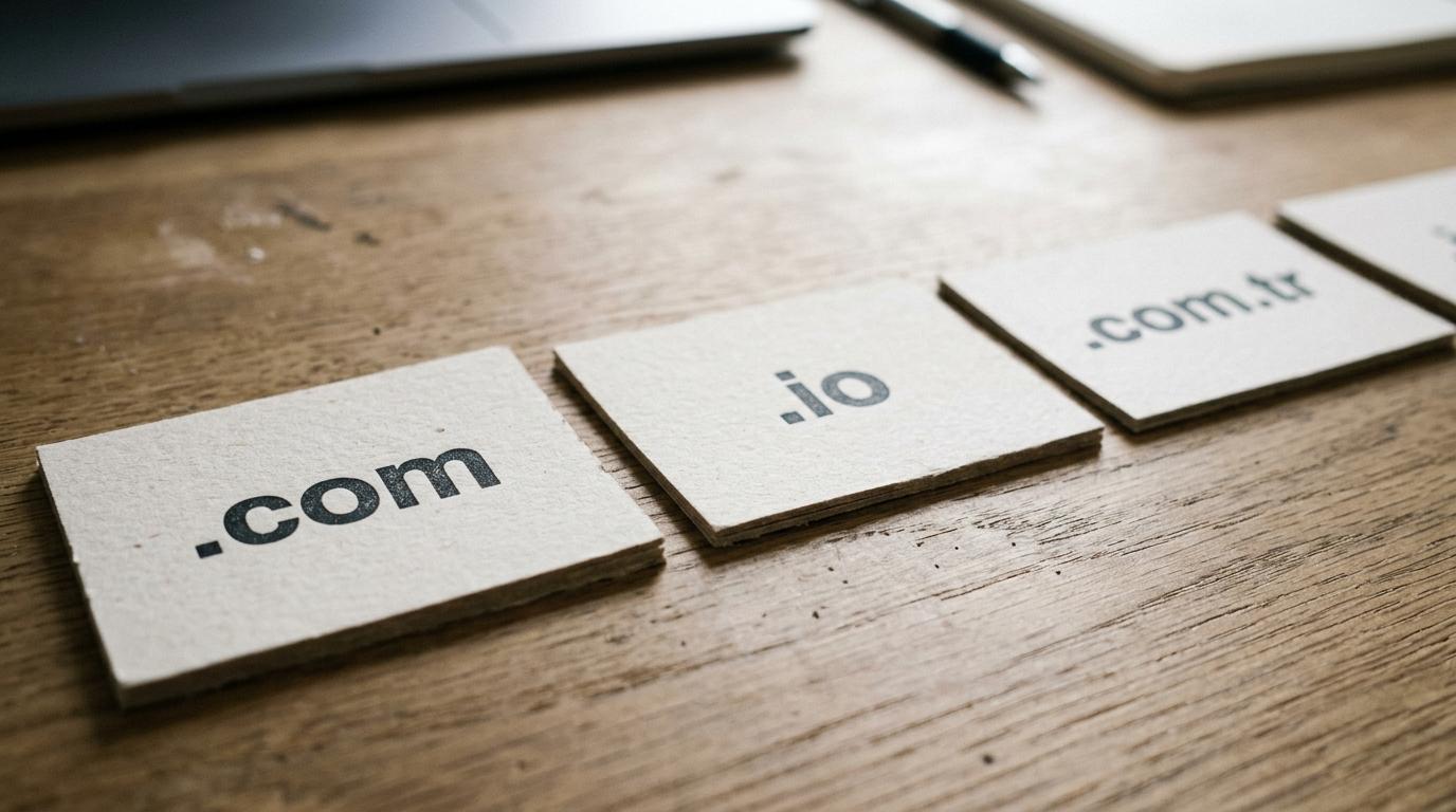 Doğru domain seçimi rehberini yansıtan, farklı uzantı etiketli alan adı kartları