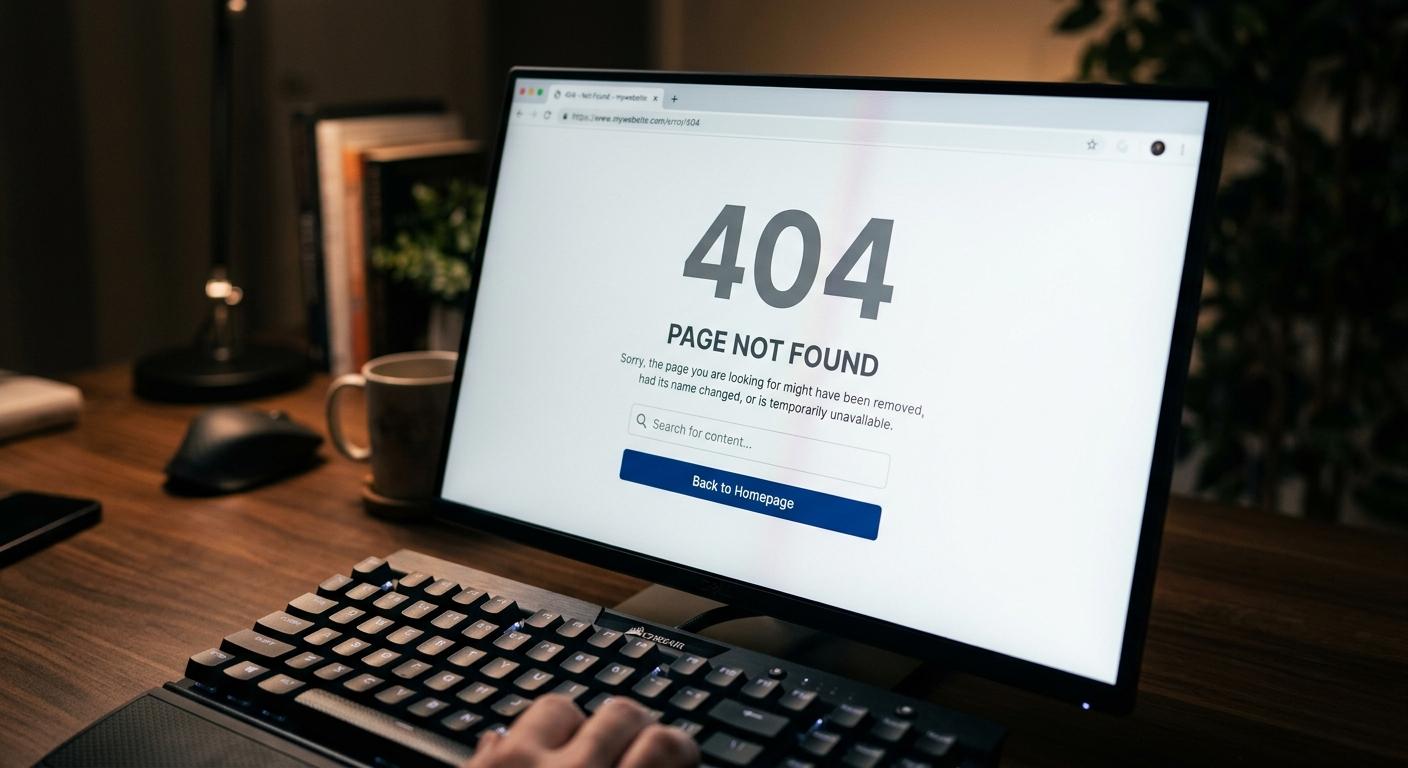 404 hata sayfası nasıl tasarlanır sorusunu yansıtan, arama çubuklu ve düzenli 404 sayfası ekranı