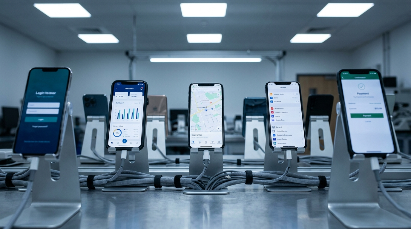 Uygulama beta test sürecini gösteren test laboratuvarında sıralı akıllı telefonlar görseli