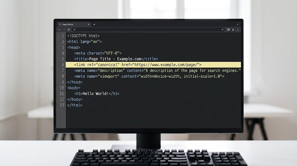 Canonical etiketi satırının vurgulandığı, head bölümünü gösteren sayfa kaynağı kod ekranı