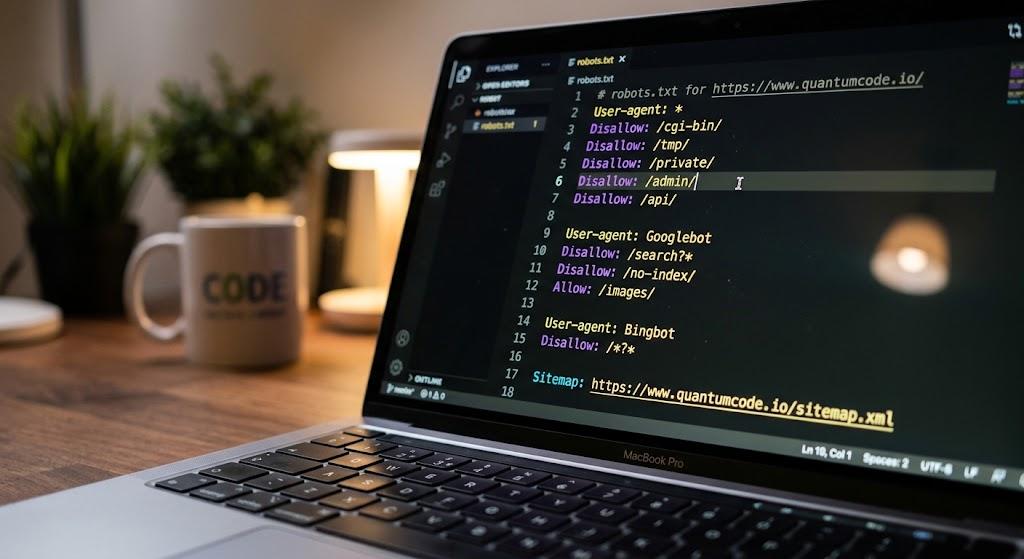 Web sitesinin Google'da görünmeme nedenlerini yansıtan, kod editöründe açık robots.txt dosyası ekranı