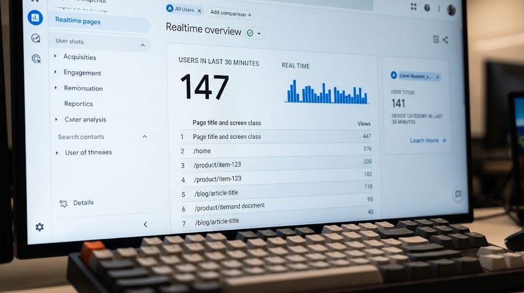 Google Analytics nasıl çalışır sorusunu yansıtan, gerçek zamanlı aktif ziyaretçi sayısı gösteren GA4 ekranı