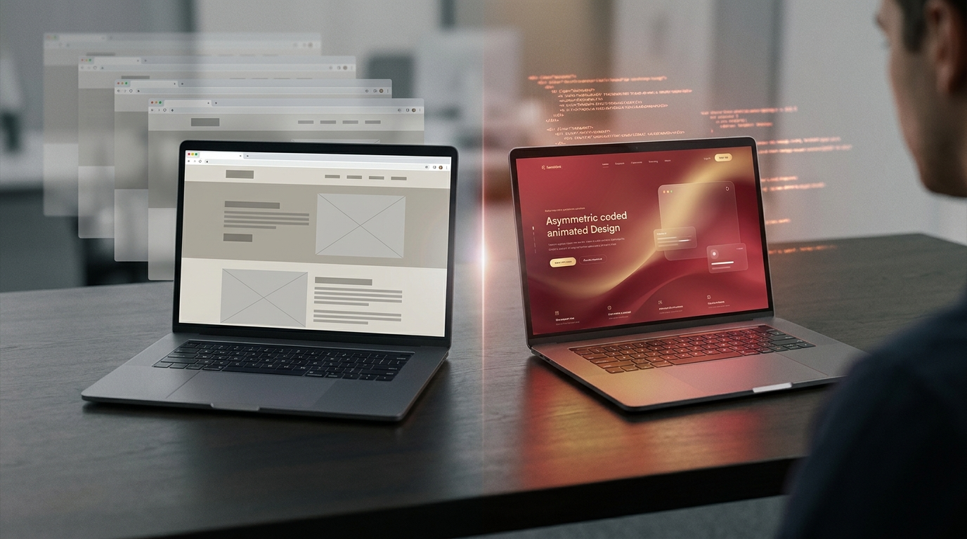 Split-screen laptop görseli solda jenerik hazır site şablonu, sağda kızıl-altın ışıklı özel kodla web tasarımı karşılaştırması
