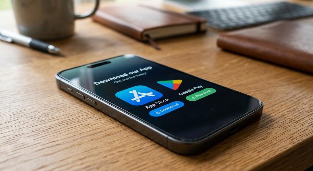 iOS ve Android mağazada uygulama yayınlama sürecini yansıtan, App Store ve Google Play indirme sayfası ekranı