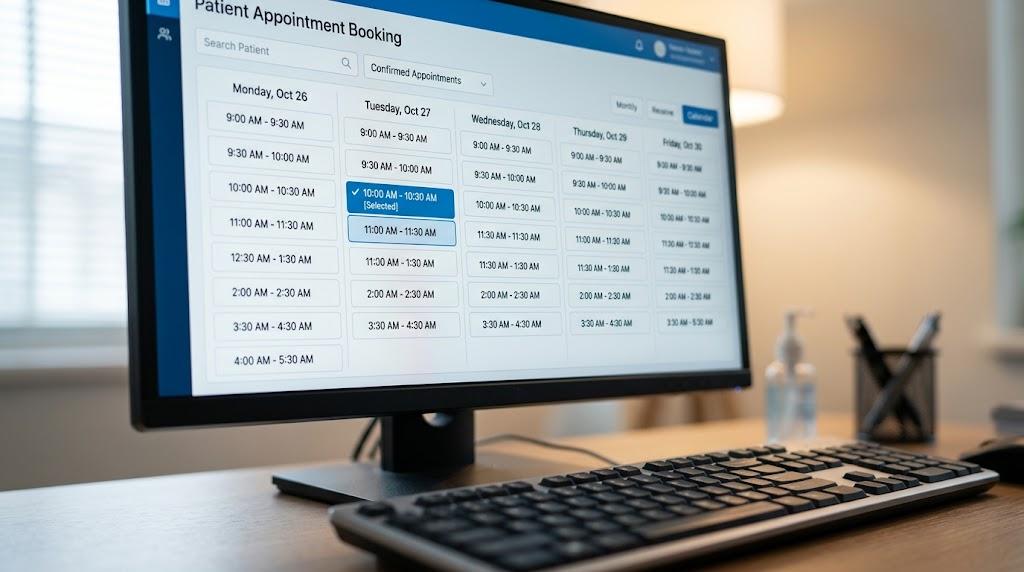 Sağlık sektöründe SEO ile hasta kazanımını yansıtan, müsait saatlerin listelendiği online randevu takvimi ekranı