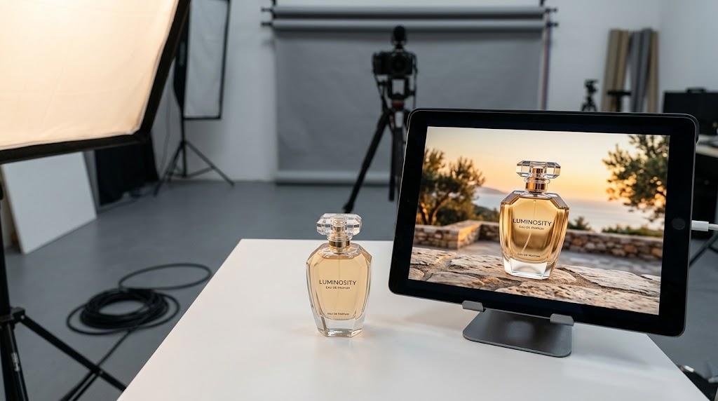 Midjourney mi Nano Banana mı karşılaştırması için stüdyoda çekilen parfüm şişesi ve tablette yapay zekayla arka planı değiştirilmiş hali