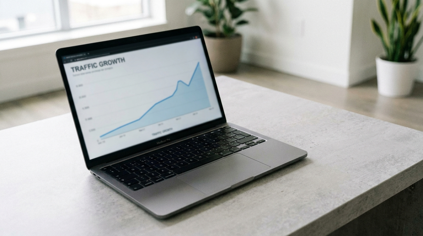 Web sitesi trafiğini artıran ücretsiz yöntemler sonucunda ekranda yükselen trafik grafiği gösteren laptop görseli