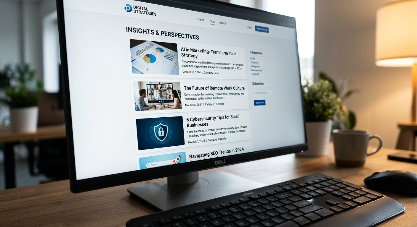 Blog sayfasının önemini yansıtan, düzenli yayınlanmış makale kartlarının listelendiği şirket blog sayfası ekranı