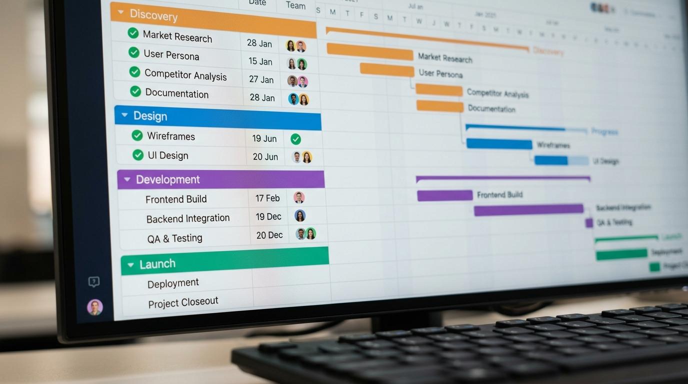 Web sitesi yaptırma sürecinin aşamalarını gösteren renkli proje zaman çizelgesi ekranı