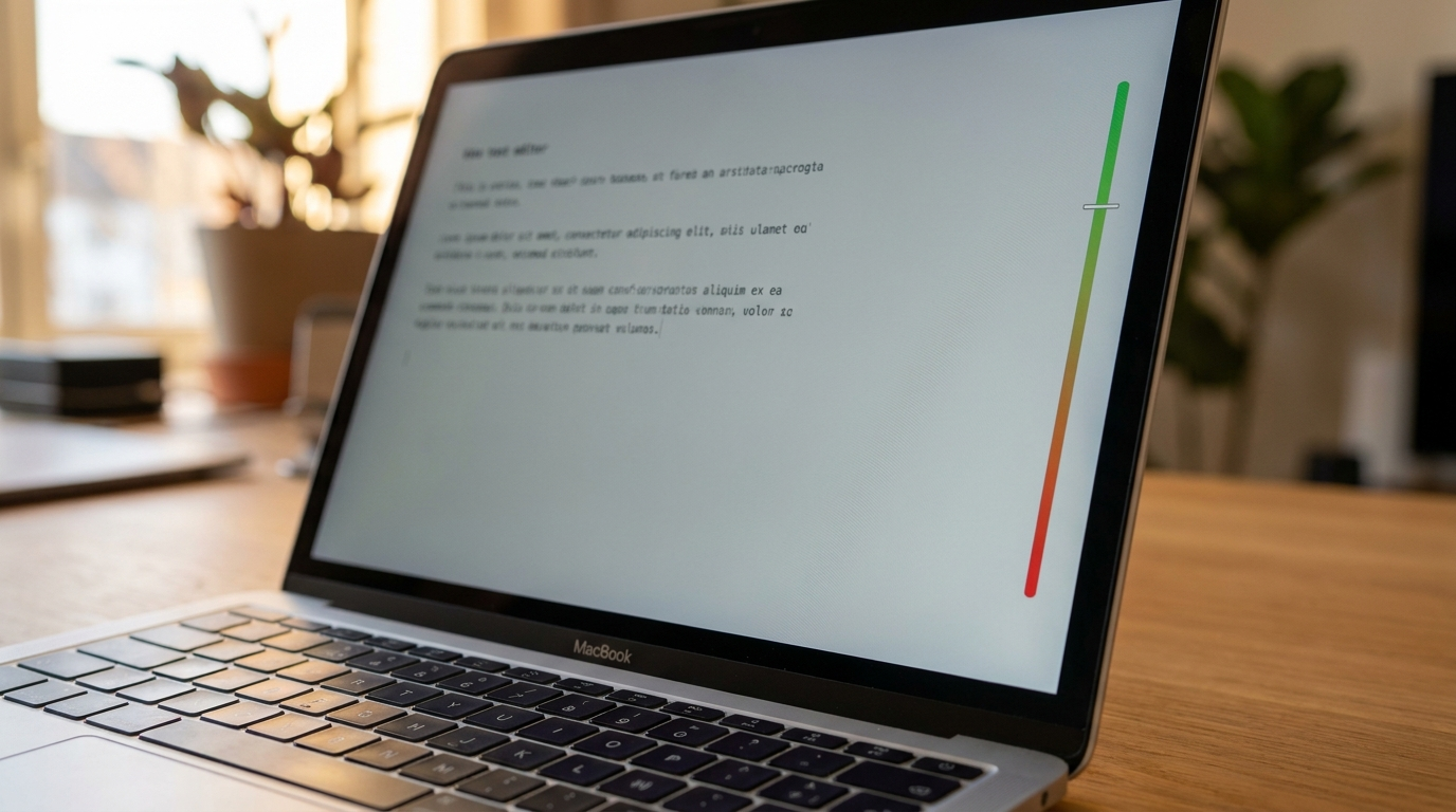MacBook ekranında okunabilirlik skoru göstergesi — kırmızıdan yeşile geçiş metaforu