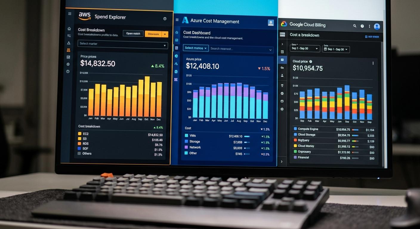 AWS, Azure ve Google Cloud bulut depolama kıyaslamasını gösteren üç maliyet dökümü paneli ekranı