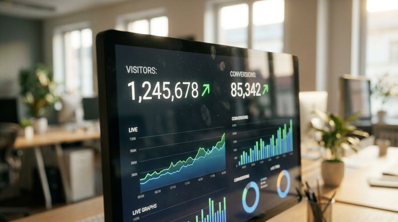 Yüksek dönüşüm sağlayan web sitelerinin performansını gösteren canlı ziyaretçi ve dönüşüm sayaçlı analytics ekranı