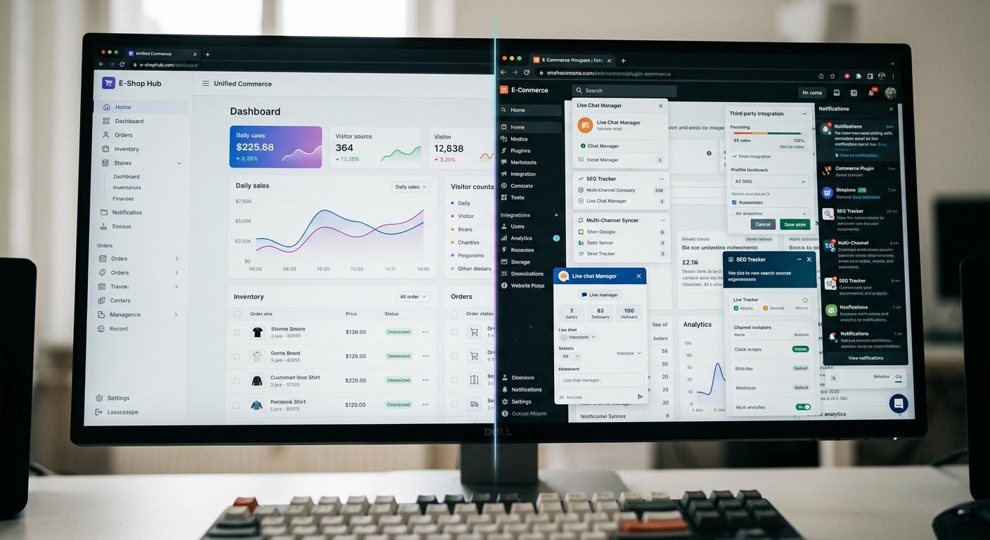 Shopify ve WooCommerce e-ticaret altyapısı kıyaslamasını yansıtan, ikiye bölünmüş yönetim paneli ekranı