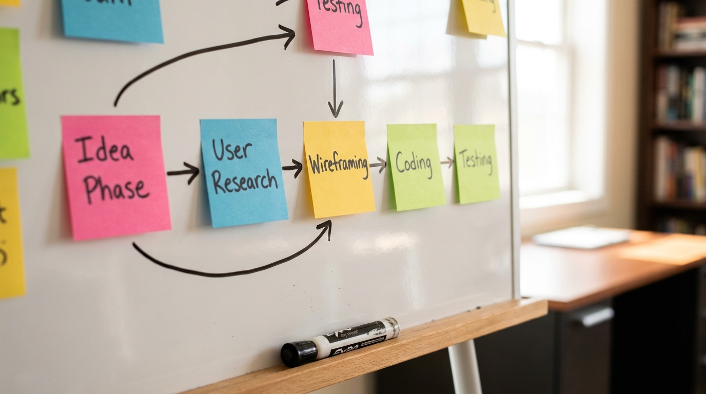 Mobil uygulama geliştirme sürecinin aşamalarını gösteren post-it planlama panosu görseli