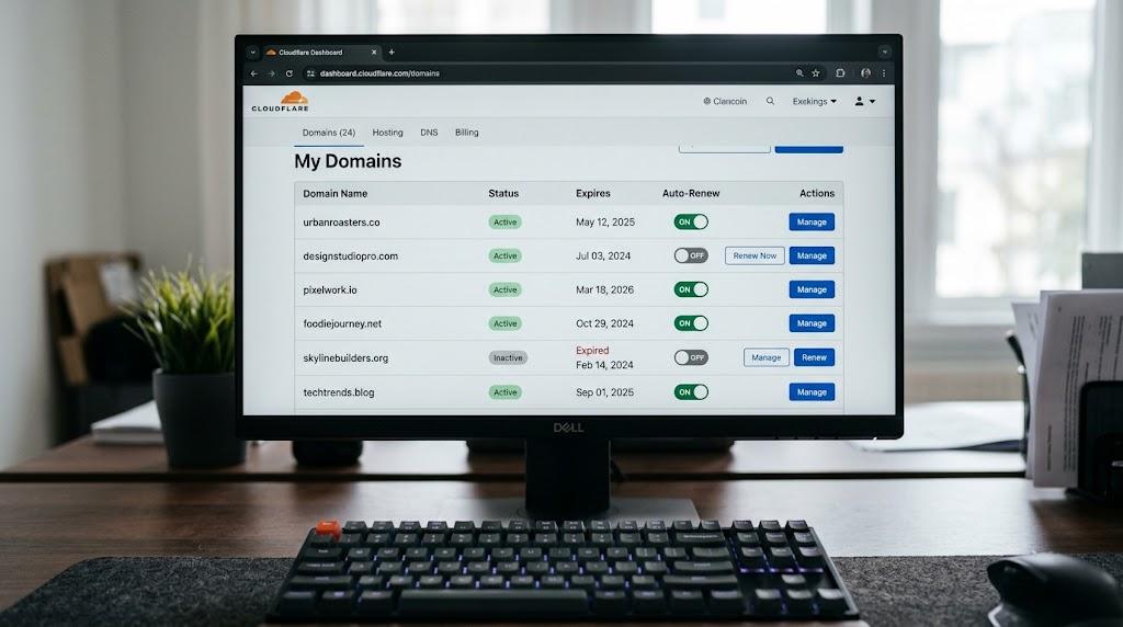 Domain firmaları karşılaştırmasını yansıtan, bitiş tarihleri ve otomatik yenileme ayarlı alan adı yönetim paneli