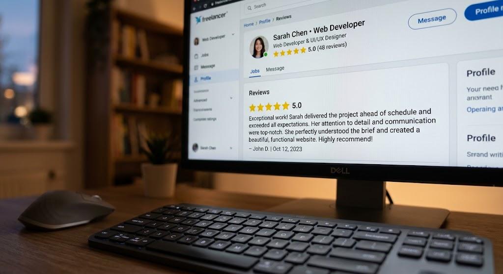 Freelance platformlarda ilk siparişi almanın yollarını yansıtan, 5 yıldızlı ilk müşteri yorumu ekranı