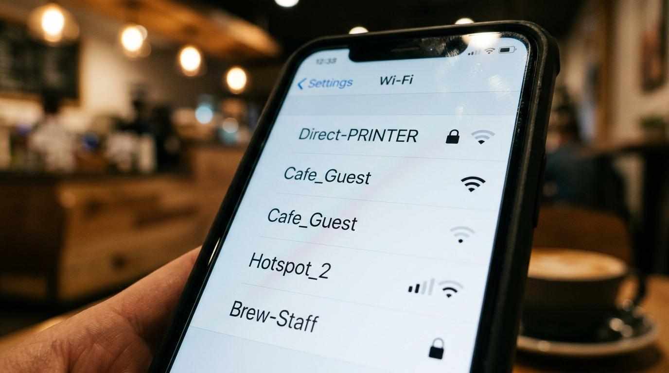 Halka açık kablosuz ağların evil twin saldırı riskini gösteren, aynı isimli iki Wi-Fi ağının listelendiği telefon ekranı