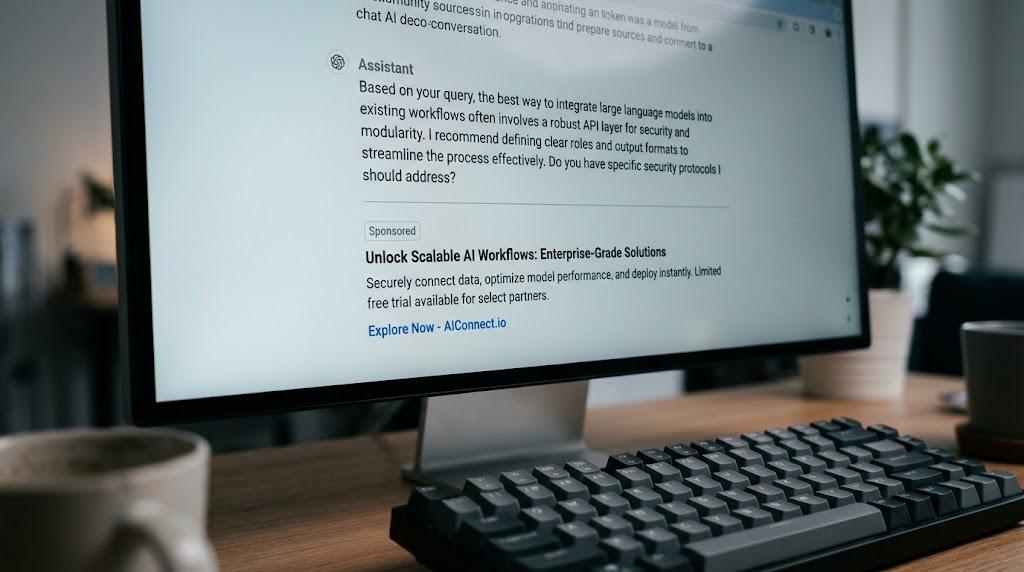 ChatGPT reklamları nasıl verilir sorusunu yansıtan, sohbet yanıtının altında görünen sponsorlu reklam birimi