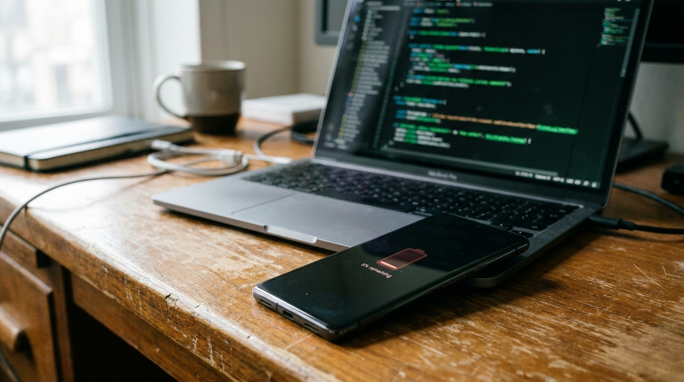 Uygulama pil tüketimini azaltan teknik optimizasyonlar konusunu simgeleyen, düşük pil seviyeli telefon ve kod ekranlı laptop görseli