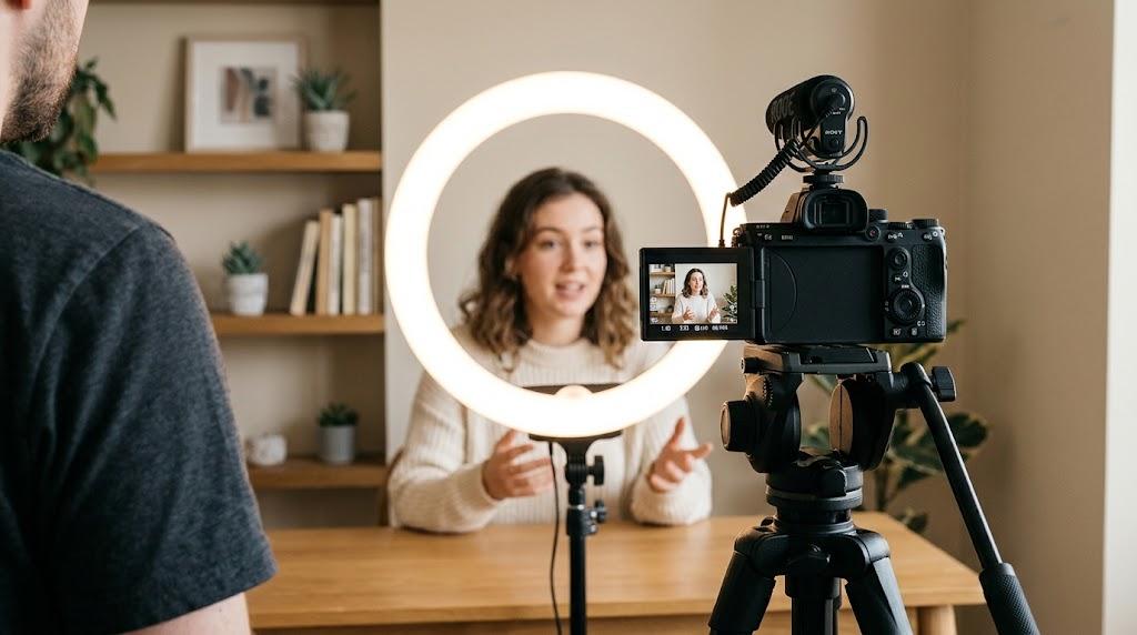YouTube kanalı nasıl büyütülür rehberi için ev stüdyosunda halka ışık önünde video çeken içerik üreticisi