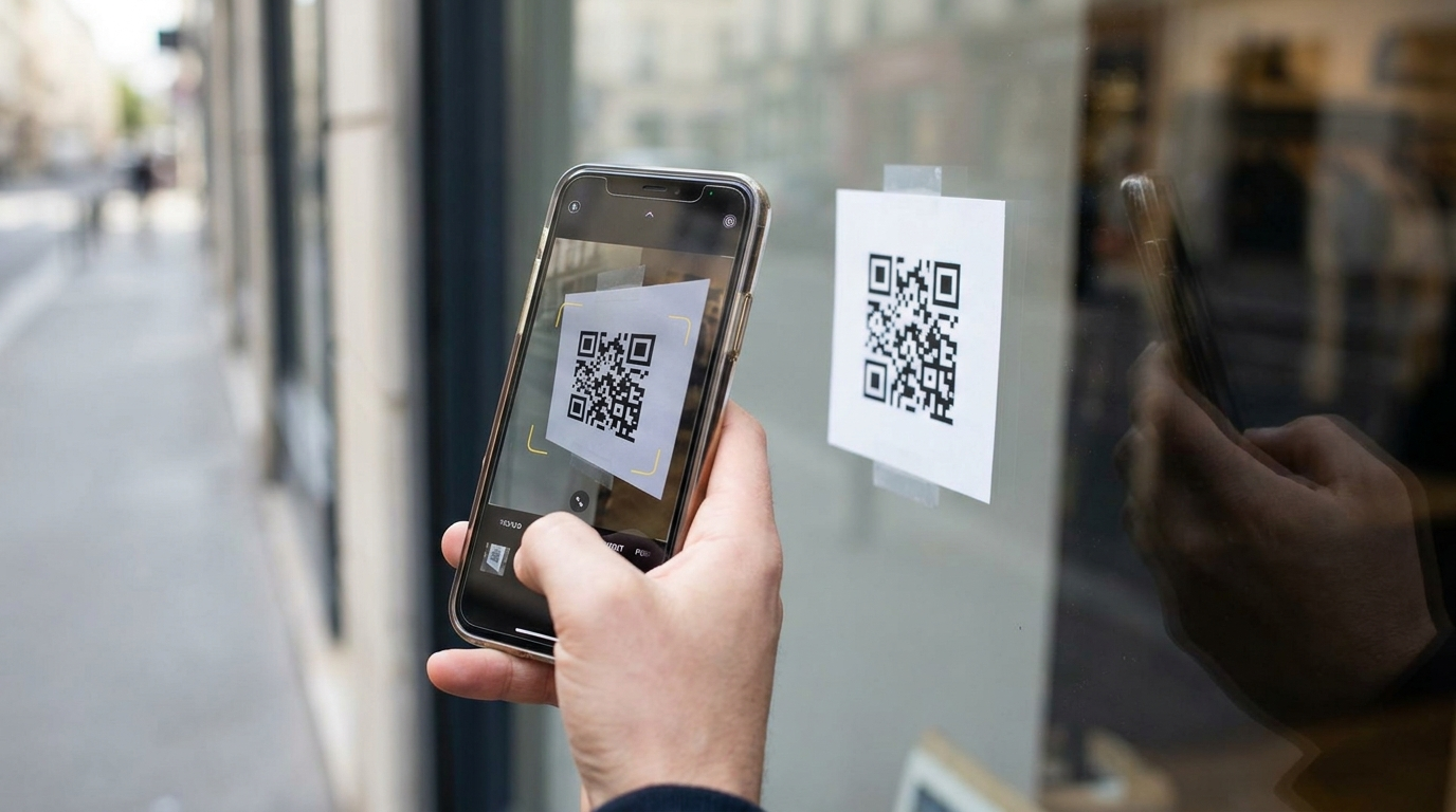 QR kod pazarlamada vitrindeki kodu telefonla tarayan bir kullanıcı