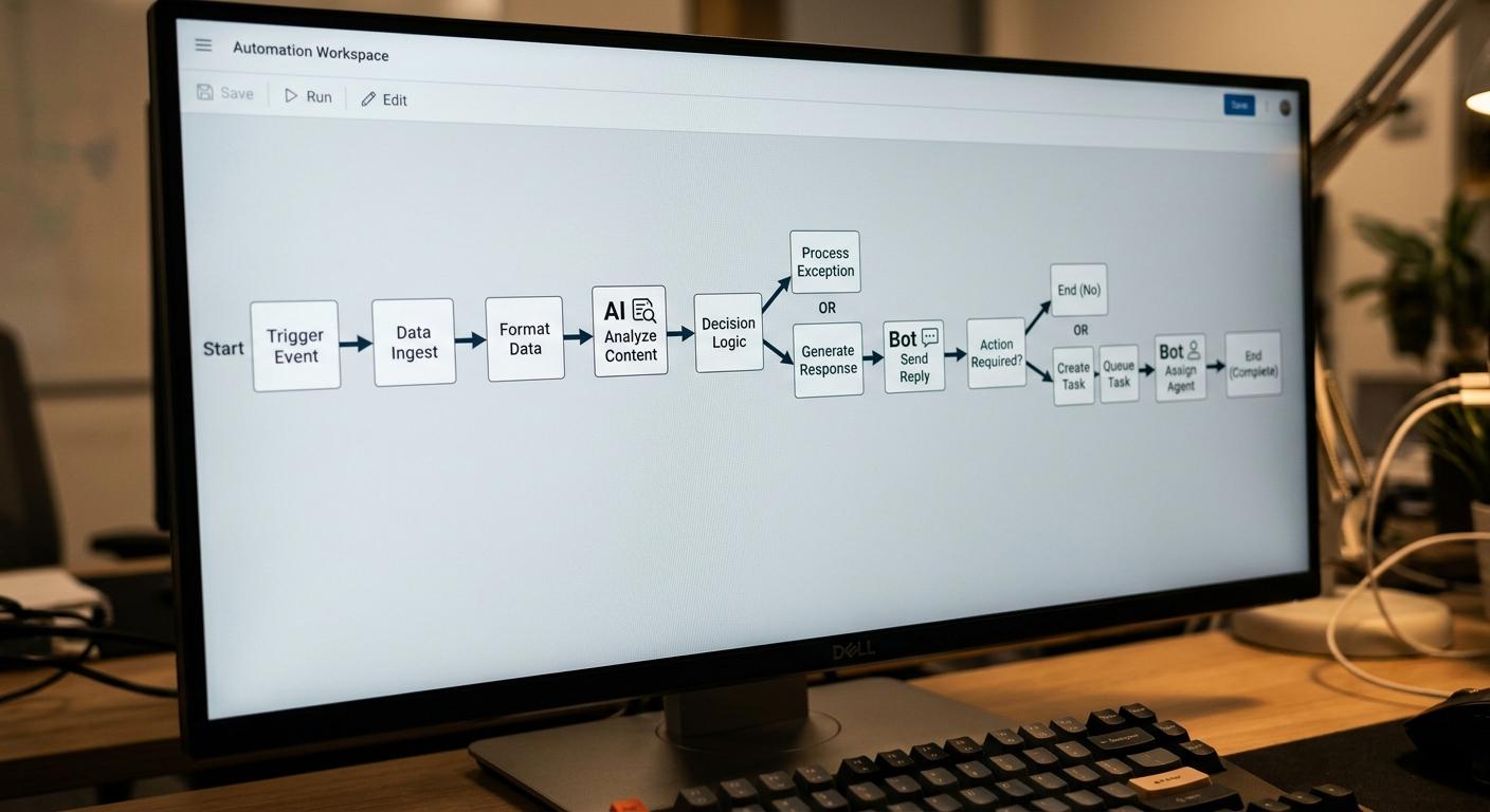 Üretken yapay zeka ve geleneksel otomasyon karşılaştırmasını gösteren AI ve bot etiketli iş akışı diyagramı ekranı