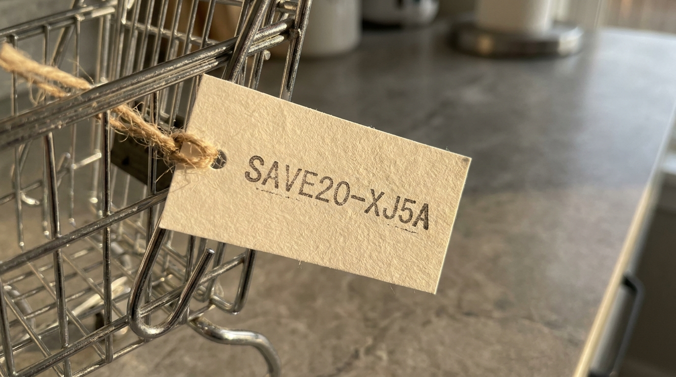 Sepete bağlı indirim kodu etiketi — e-ticaret sitesinde kupon kodu sistemi metaforu