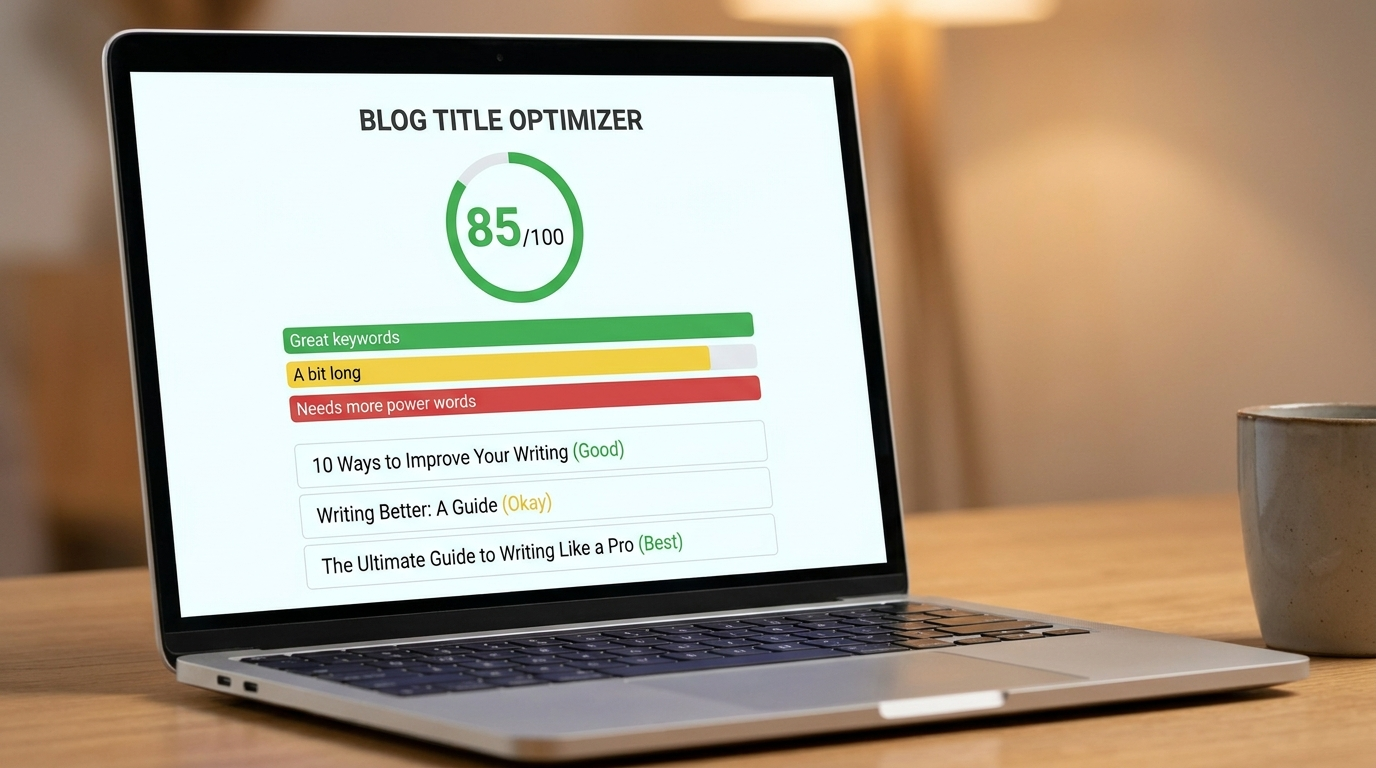 Blog yazısı başlığı analiz aracını gösteren laptop ekranı görseli