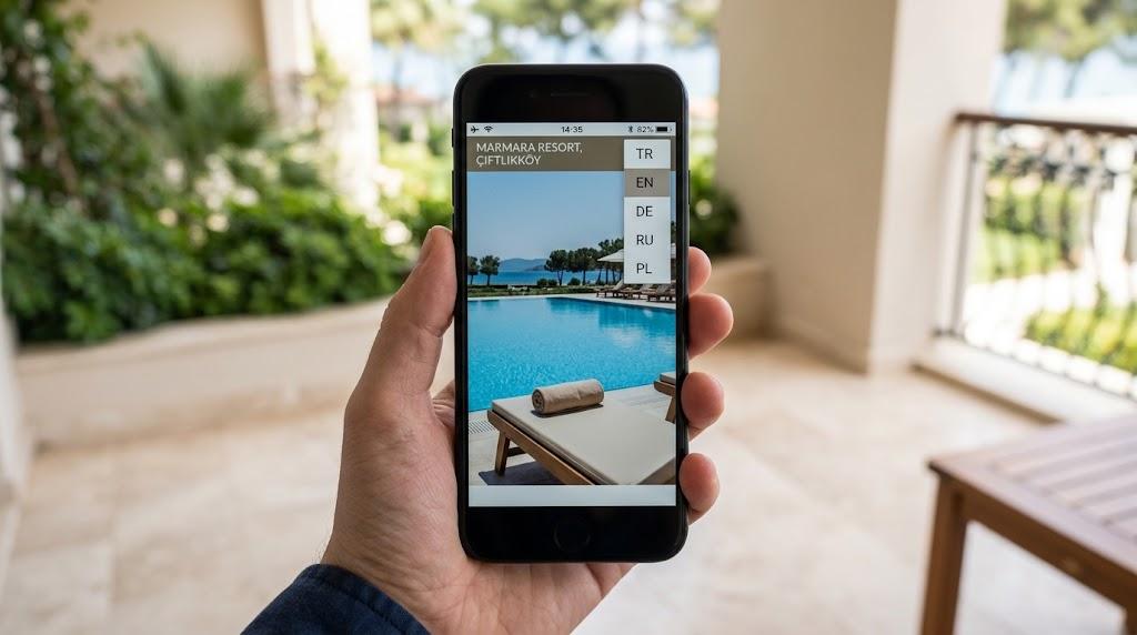 Antalya turizm firmaları için çok dilli web sitesinde TR, EN, DE, RU ve PL dil seçeneklerinin açıldığı telefon ekranı