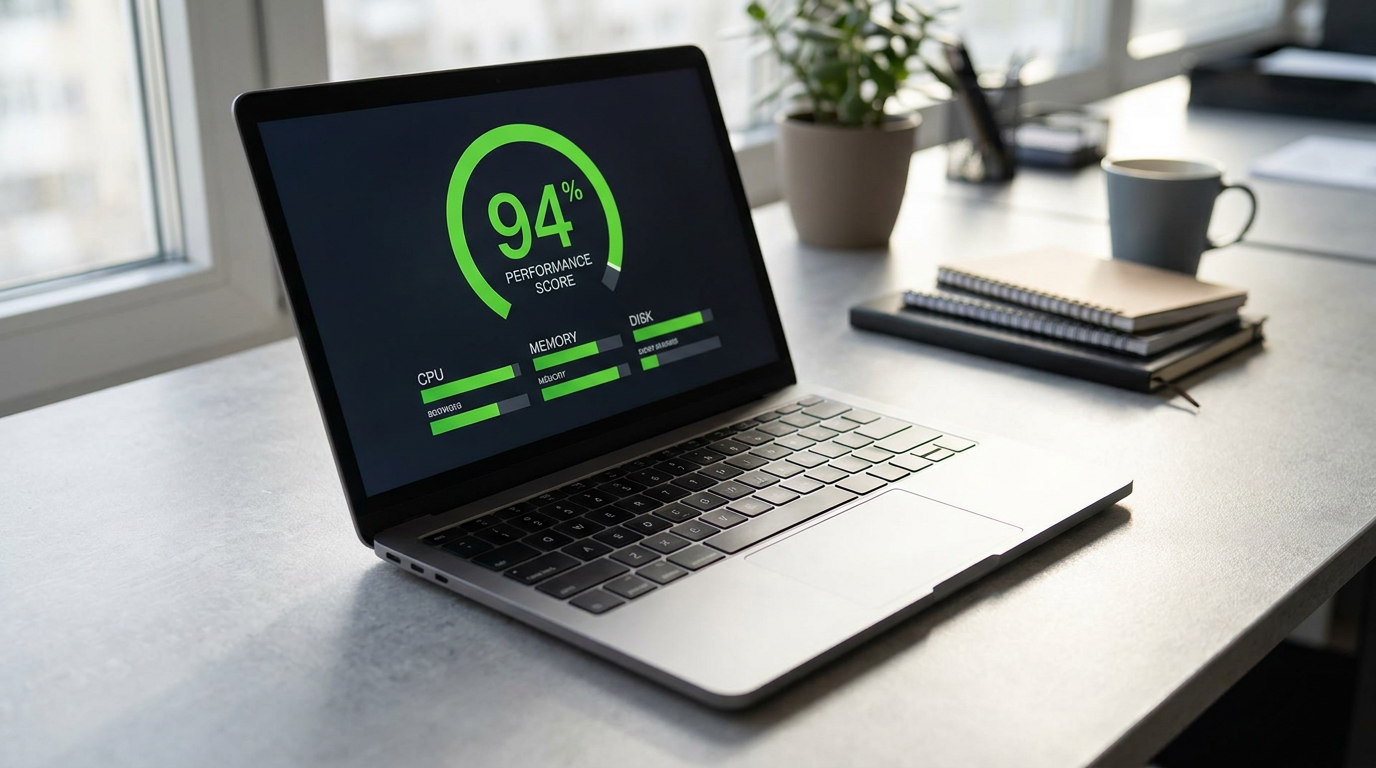 Web sitesi performans denetimi sonucunda yüksek skor gösteren laptop ekranı