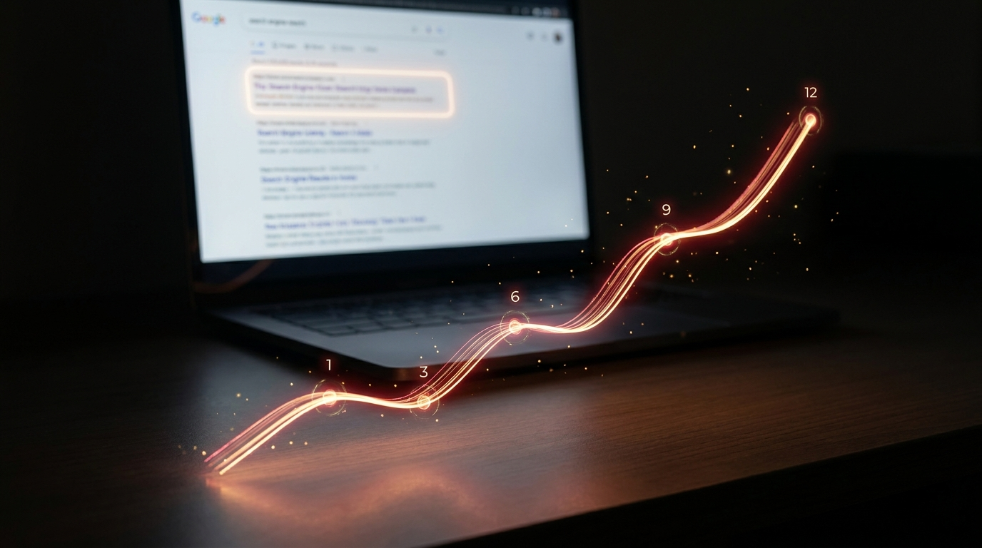 SEO çalışması ile Google sıralamasında yükselme sürecini gösteren zaman çizelgesi görseli