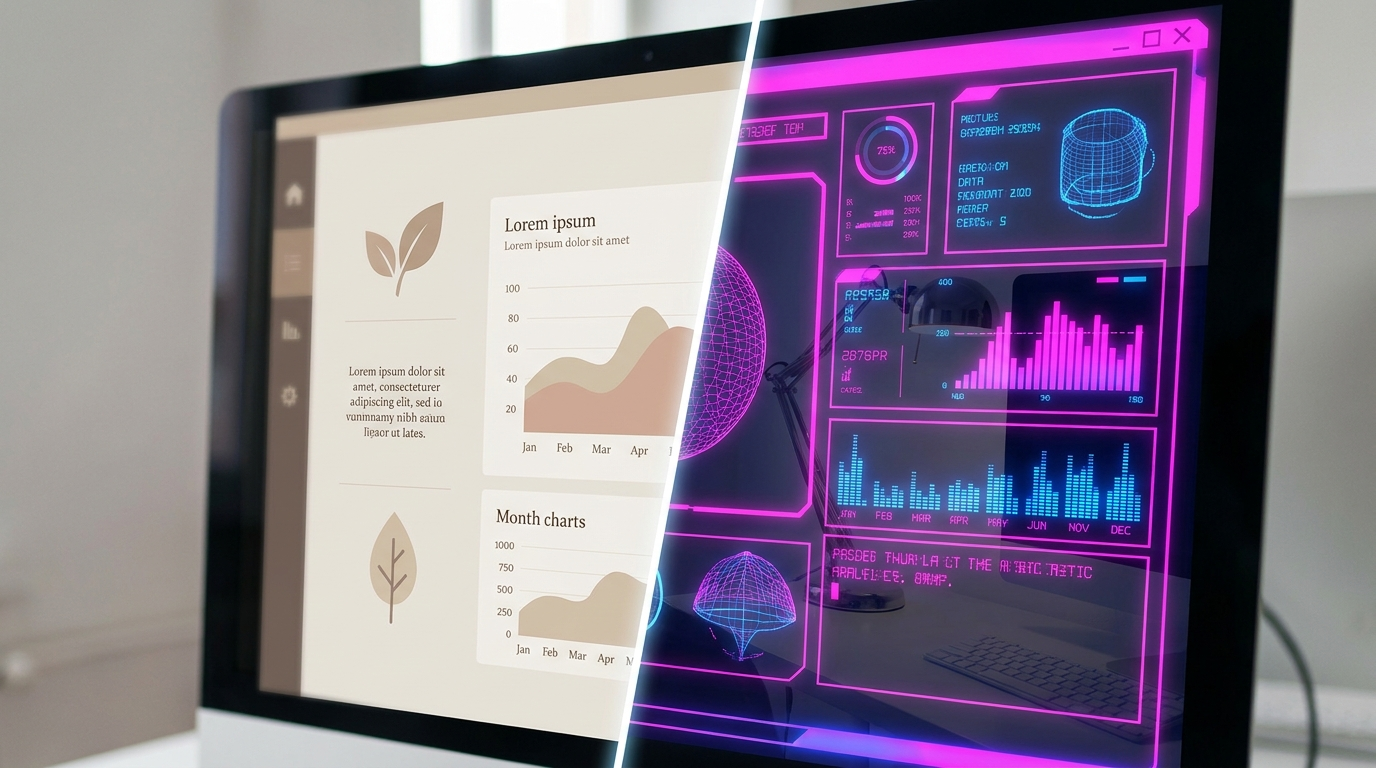 2026 web tasarım trendlerini yansıtan, toprak tonu ve neon renkli arayüzlerle ikiye bölünmüş bilgisayar ekranı
