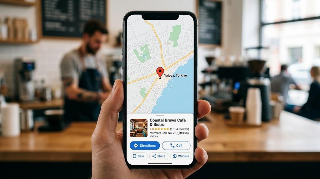 Google Maps pinleme hizmeti sonrası haritada konum iğnesi ve işletme kartının göründüğü telefon ekranı