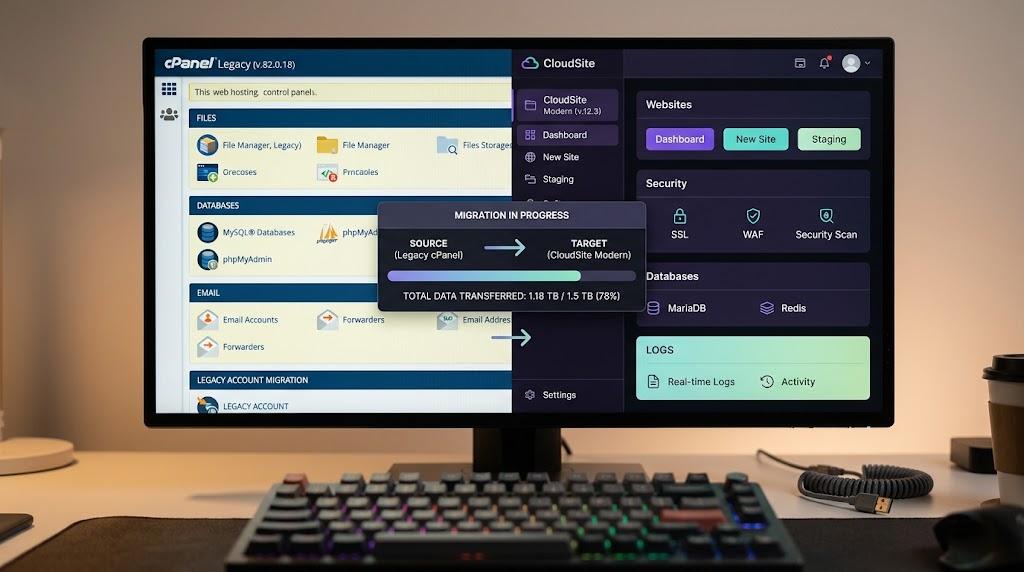 Web sitesi taşıma sürecini yansıtan, eski ve yeni hosting panellerinin yan yana göründüğü dosya aktarım ekranı