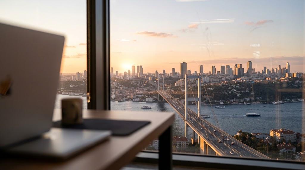 İstanbul'da web tasarım ajansı seçerken dikkat edilmesi gerekenleri yansıtan, şehir manzaralı ofis penceresi